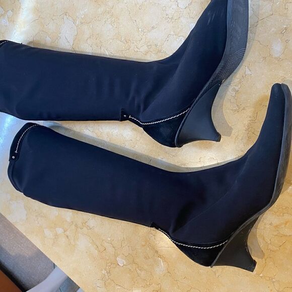 Francis Black Fabric Knee-High Slip on Boots - Picture 4 of 10